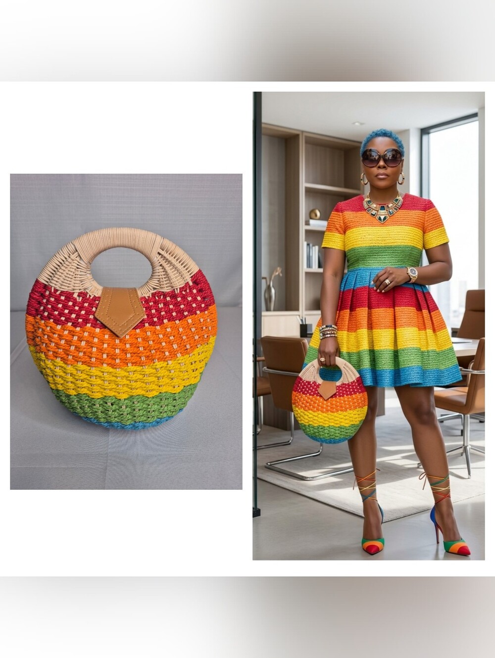 Rainbow Woven Round Tote Bag with Tan Accent NWT